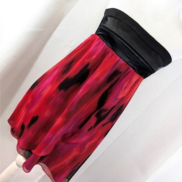 BEBE! 2B! BLACK SATIN BODICE, RED, PURPLE & BLACK ABSTRACT CHIFFON DRESS! SZ S - Picture 10 of 10